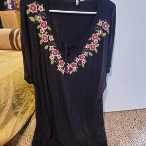 Cato 22/24 Black Floral Tie Neck Top
